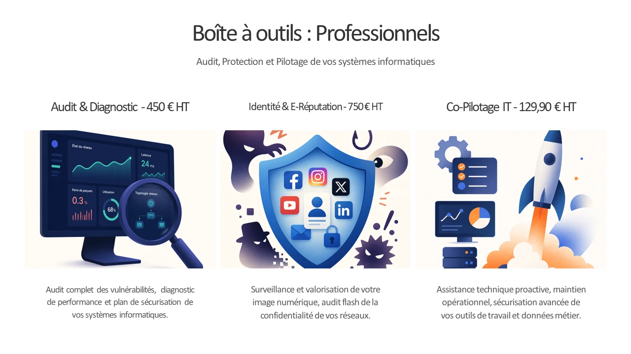 Audit de protection et co-pilotage informatique pour professionnels, gestion de l'e-réputation par Numérix84