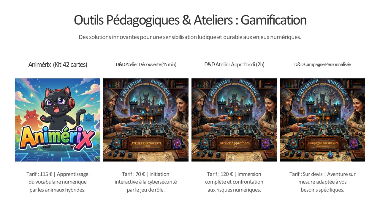 Outils pédagogiques gamifiés pour la prévention numérique, kits Animérix et ateliers D&D Numérix84